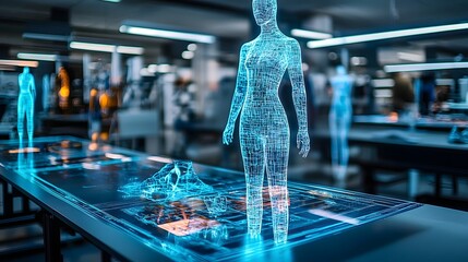 Poster - Futuristic holographic fashion catalog showcased in a modern high tech design studio with digital displays 3D projections and a sleek data driven interface