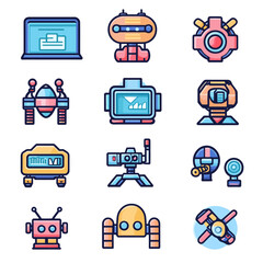 Poster - Robot Icons Set - Cartoon Robotics, Space Automation and Artificial Intelligence