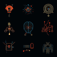 Poster - Abstract AI Neural Networks, Cybernetic Brains, and Technology Icons Set