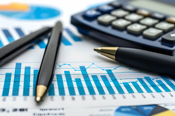 Poster - Close-up of financial analysis tools including a calculator and pens on a graph paper background