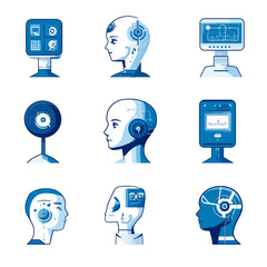 Poster - Diverse AI Heads: Digital Interface and Robotic Designs in Monochromatic Blue