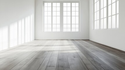 Wall Mural - Empty room with large windows, sunlight streams in, interior design, modern space,  potential stock photo