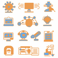 Poster - Robotic machinery icons in blue and yellow convey technological concept
