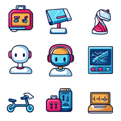 Poster - Cartoon AI characters with monitor screen, airplane seat, luggage items