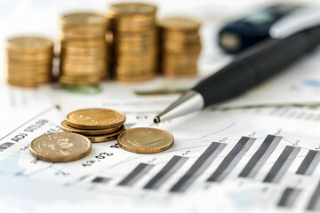 Poster - Close-up view of financial documents with coins and a pen, illustrating investment analysis