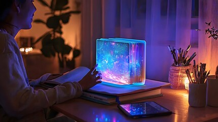 Poster - Student interacting with a holographic book projection on a desk in a futuristic technology forward workspace  The hologram creates a dynamic interactive learning experience