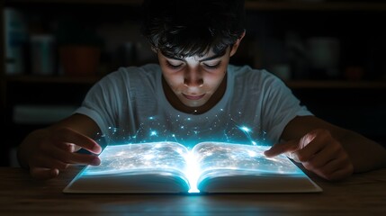 Poster - Student Interacting with Holographic Book Projection on Desk in Futuristic Learning Environment Exploring Digital Education and Technology Innovation