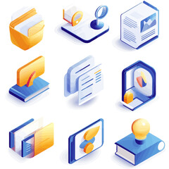 Poster - Isometric vector icons of business elements; folder, bulb, and more.