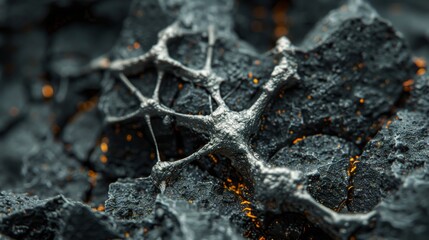 Fototapete - A delicate silver structure is positioned atop textured black coal, surrounded by glowing embers. The contrast highlights the intricate details and materials involved in this captivating arrangement.