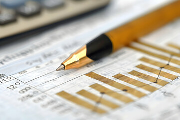 Poster - Close-up of a pen resting on financial charts with a calculator in the background, conveying analysis