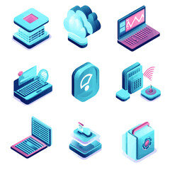 Poster - Isometric Technology Icons: Cloud Computing, Data, Networking, and Security