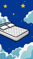 Poster - A cartoon bed is floating in the sky. The bed is white and has two pillows. The sky is blue and has clouds