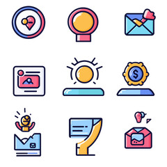 Poster - Business Icons: Location Pin, Email, Money, Light, and More Flat Vector