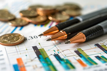 Poster - Close-up of financial analysis with pens, coins, and colorful graphs on a document