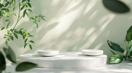 Poster - A beautifully crafted white stone podium sits in a tranquil space surrounded by lush green foliage. Soft natural light casts gentle shadows, enhancing the minimalist design and calm atmosphere