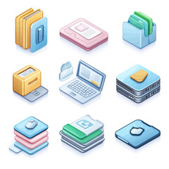 Poster - Isometric Office Technology Icons: Data, Cloud, Server, Laptop, and Files