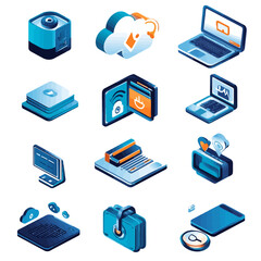 Poster - Isometric tech icons for data, cloud, security, e-commerce, and devices