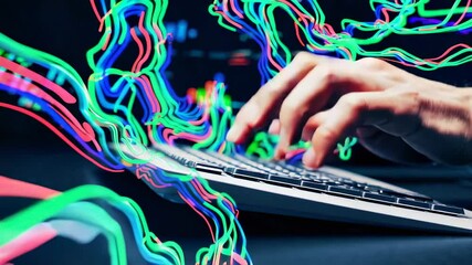 Aufkleber - Businessman's hands typing on keyboard with colorful abstract lines flowing dynamically, representing data flow, innovation, and creative technological communication