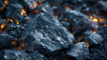 Aufkleber - Close up view of dark rocks scattered on the ground with glowing orange embers, highlighting intricate textures and details in a dark setting at night.