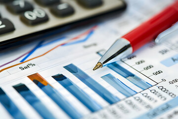 Poster - Close-up of financial report with graphs, calculator, and pen on a desk, indicating analysis