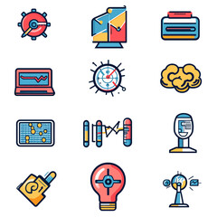 Poster - Colorful Icons of Time, Data Analysis, and Innovation Set Against White