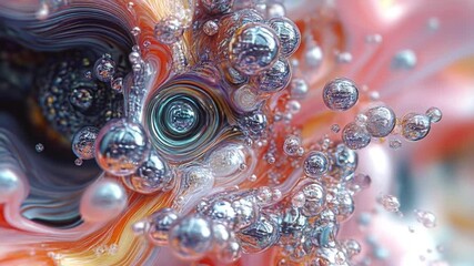Fototapete - Abstract animation, interactions of mixing streams of colored liquids, filled with many colorful and shiny bubbles, shimmering in colors from light pink and orange to silver and gray