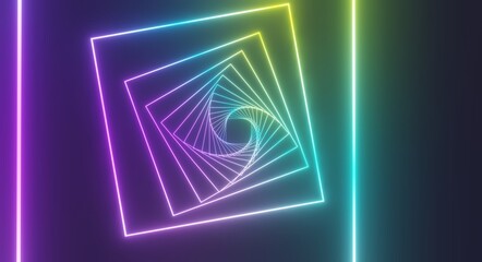 Aufkleber - Abstract geometric pattern of glowing colorful neon squares in dark background 3d rendering