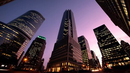 Poster - Dramatic cityscape revealing gleaming skyscrapers during twilight, highlighting urban architectural elegance with luminous night panorama capturing metropolitan energy and architectural grandeur