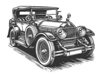 Wall Mural - classic retro car, showcasing its iconic design and timeless appeal in black and white sketch engraving generative ai raster illustration. Scratch board imitation. Black and white image.