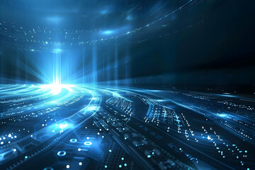 Poster - Futuristic digital landscape with glowing circuits and beams of light in a high-tech environment