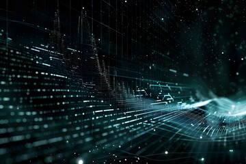 Poster - Abstract digital visualization of data flow with glowing lines and particles in a dark environment
