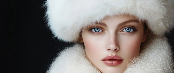 Wall Mural - A fashion model with a white fur hat and dress, against a dark background