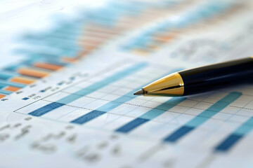 Poster - Close-up of a pen on a financial report showcasing colorful bar graphs and data analysis