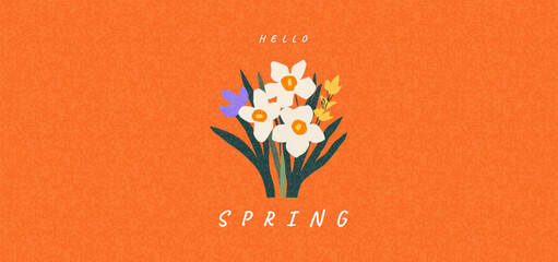 Wall Mural - hello spring cutest card or poster for the spring holiday with wildflowers, narcissus flower, crocus