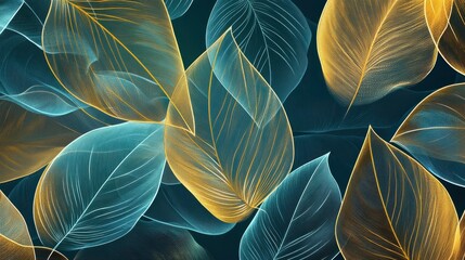 Golden leaves line art background vector. luxury gold abstract wallpaper with blue and tidewater green color. Design for prints, Home decoration, fabric and cover design. vector illustration.