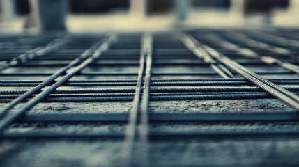 Steel rebar mesh arranged in orderly pattern on concrete, showing metal lines against the gray cement floor, with construction elements like steel beams and walls in the background under development