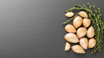 Fresh garlic bulbs and herb sprigs on dark slate background