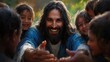 © Ghiska - Jesus embracing children, joyful scene, sunny field, faith
