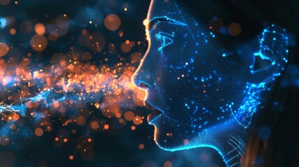 Fototapete - A womans profile is illustrated with glowing digital lines and particles that create an ethereal effect, representing the fusion of technology and art in a creative context.