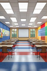 Wall Mural - Empty Classroom With Colorful Accents Awaits Students on First Day, Back To School Concept