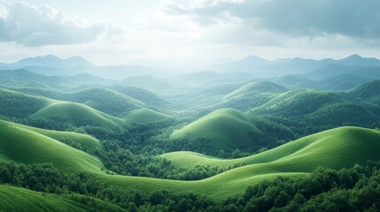 Serene panoramic view of rolling green hills and mountains under a partly cloudy sky.