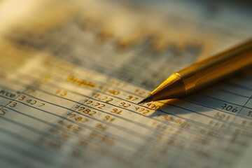 Poster - Close-up of a golden pen resting on a financial report with blurred numbers and data