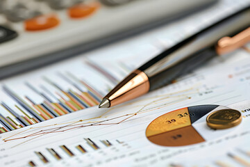 Poster - Close-up of a pen resting on financial charts and graphs with a calculator in the background (1)