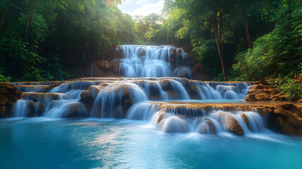 Canvas Print - Multi-Tiered Waterfall In Lush Tropical Forest