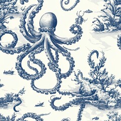 Poster - Nautical Toile Wallpaper Octopus Sea Pattern Design