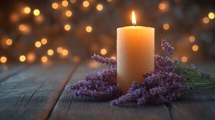 Poster - A serene candle surrounded by lavender blooms, with a soft, glowing background, creating a calming ambiance