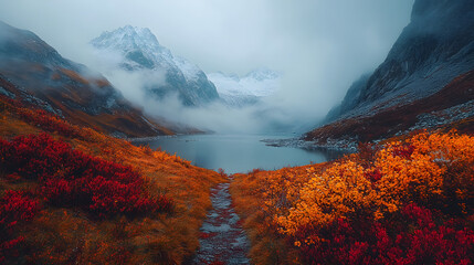 Poster - A serene landscape featuring vibrant autumn foliage, misty mountains, and a tranquil lake, evoking a sense of calm and natural beauty