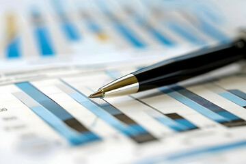 Poster - Close-up of a pen resting on a colorful financial graph with bar charts illustrating data trends