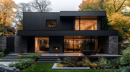 Fototapete - A modern two-story house with a sleek black exterior, surrounded by lush greenery and illuminated interiors, reflecting contemporary architecture