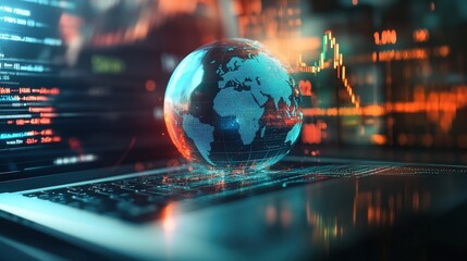 Poster - Close up of laptop computer with glowing money transfer globe on blurry background. Currency and stock exchange concept. Double exposure